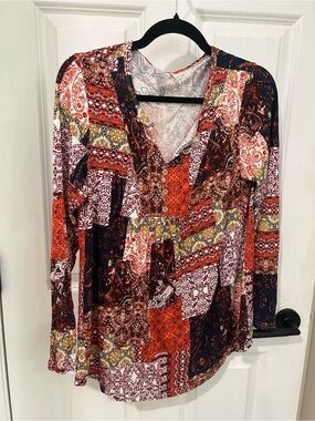 Women's Long-Sleeve Patchwork V-Neck Tunic Top - Red Multi